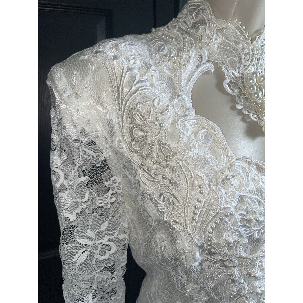 Vintage 80s Lace Wedding Dress Long Sleeve High Neck Pearl Mermaid Gown - Picture 4 of 12